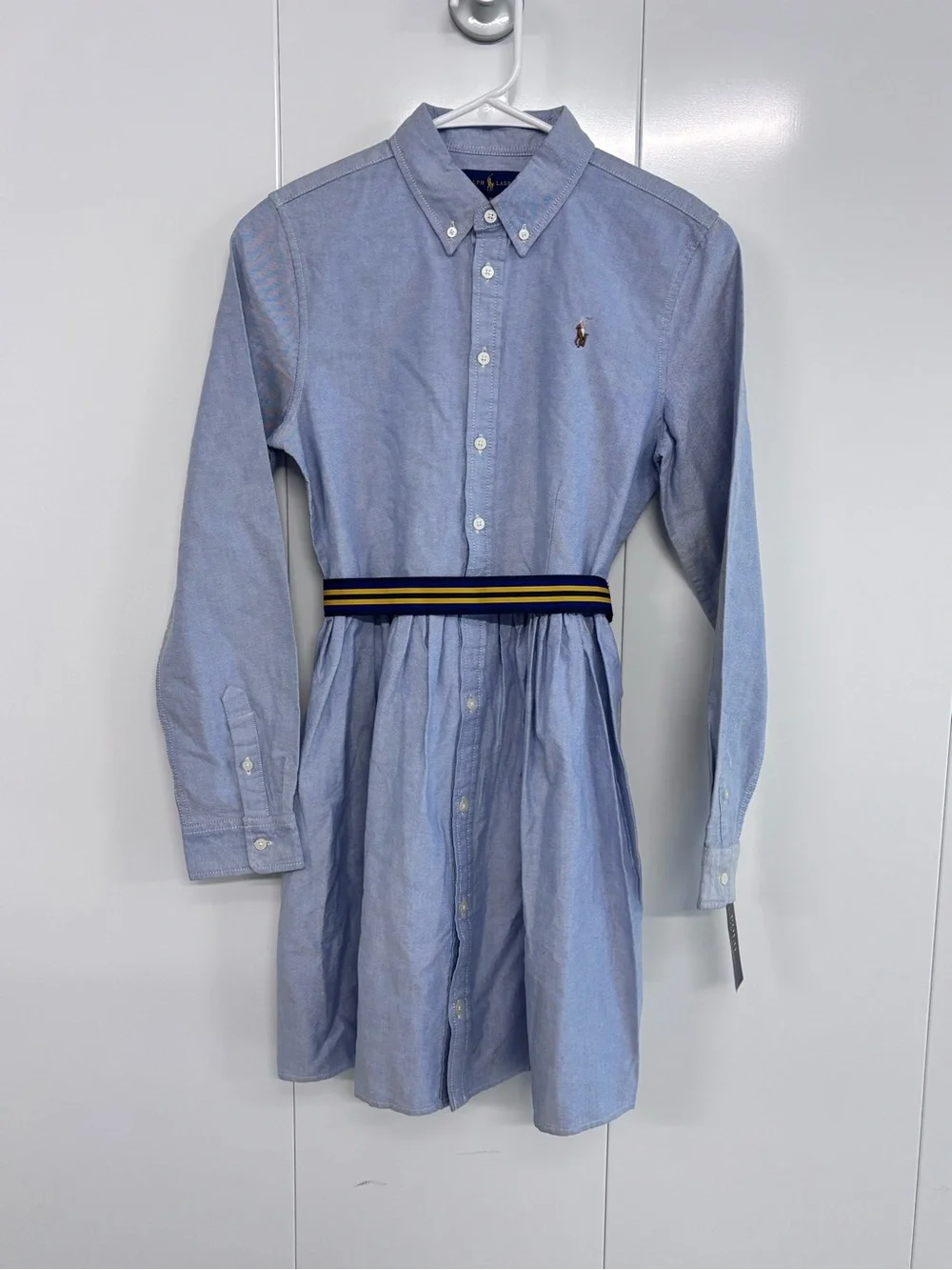 Ralph Lauren Girls Oxford Shirt Dress Size 16 Blue White Striped Belted NWT